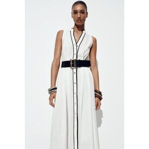 ZARA CONTRAST TRIM POPLIN MIDI DRESS